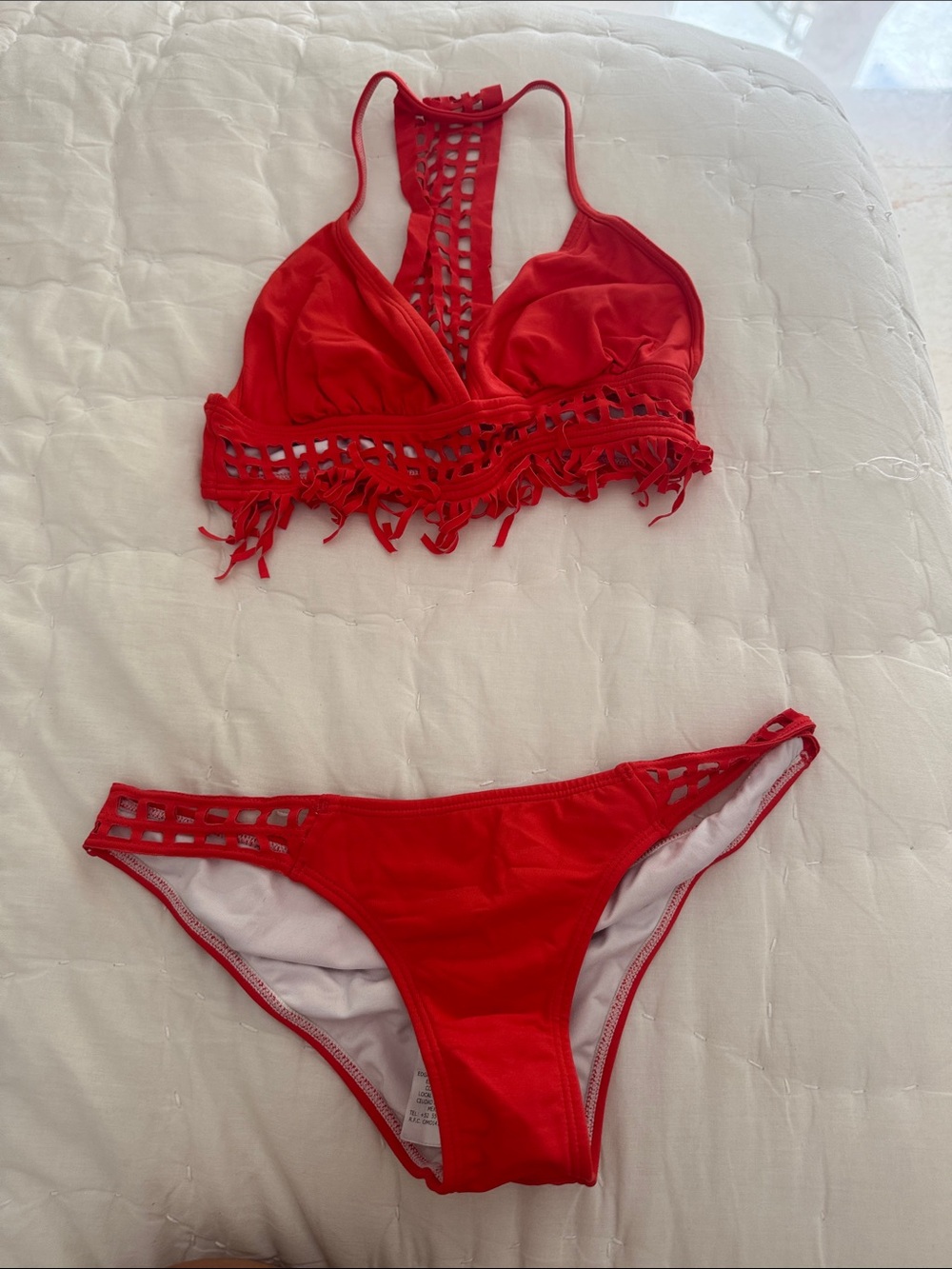 OndadeMar Red Fringe Lattice Bikini Set